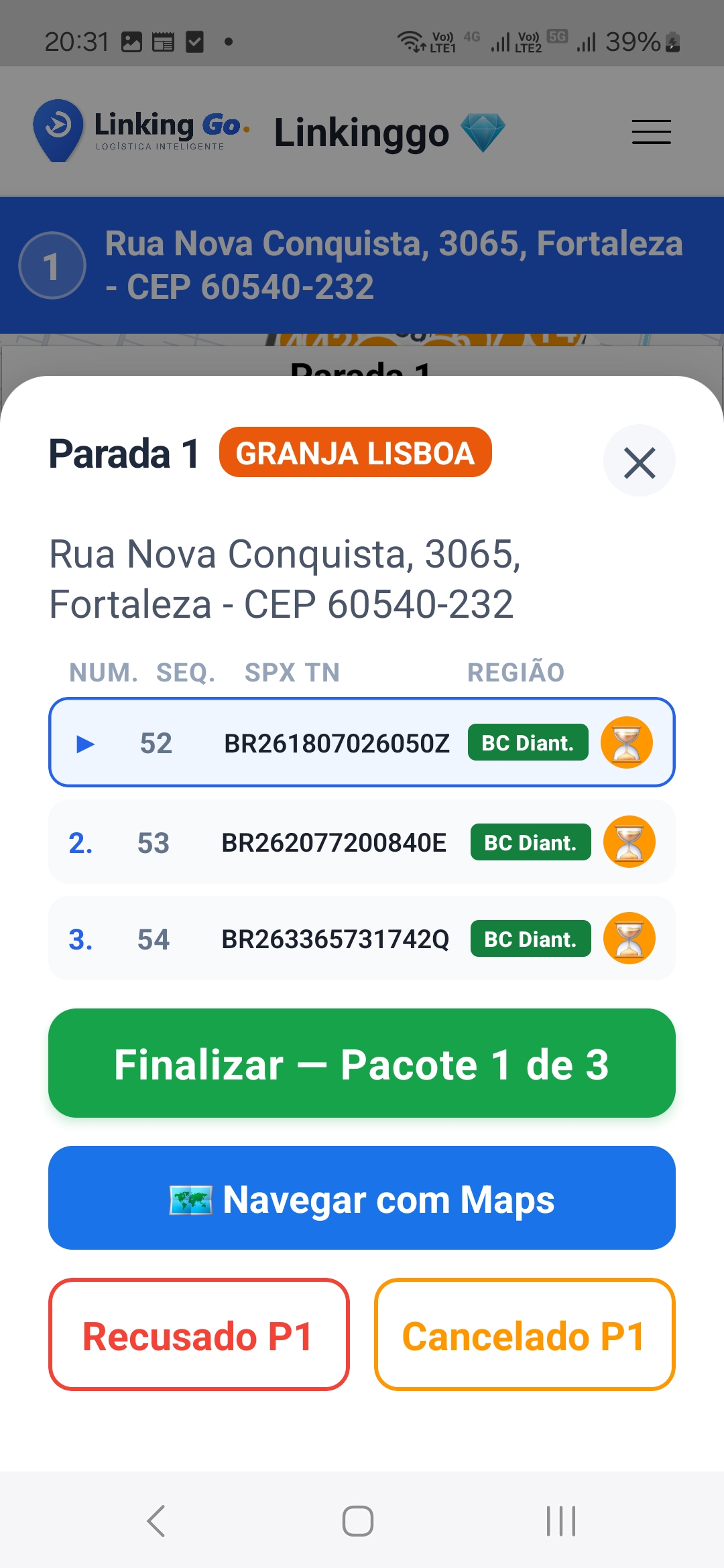 Parada com múltiplos pacotes