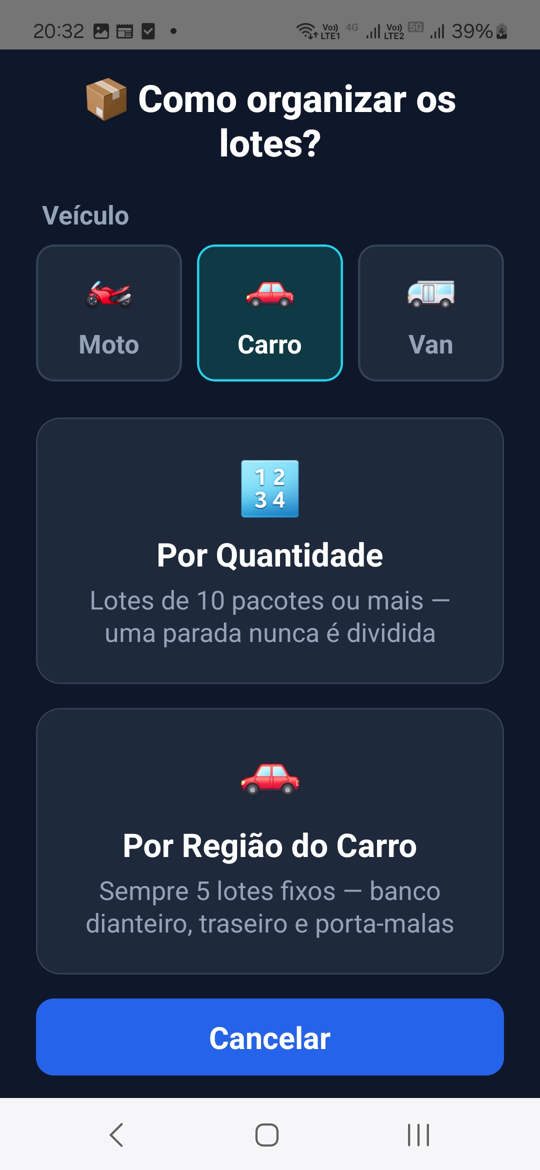 Organizar lotes no carro