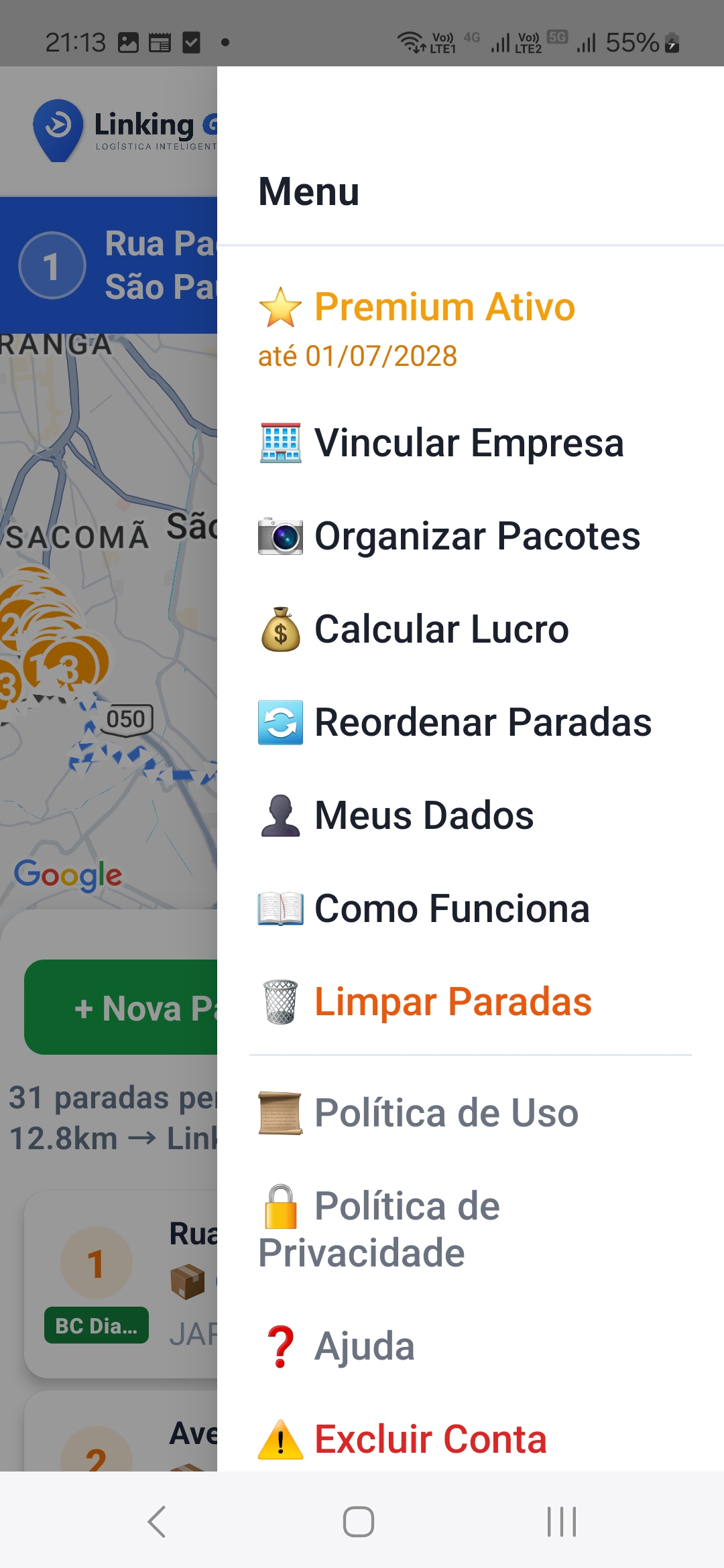 Menu do app